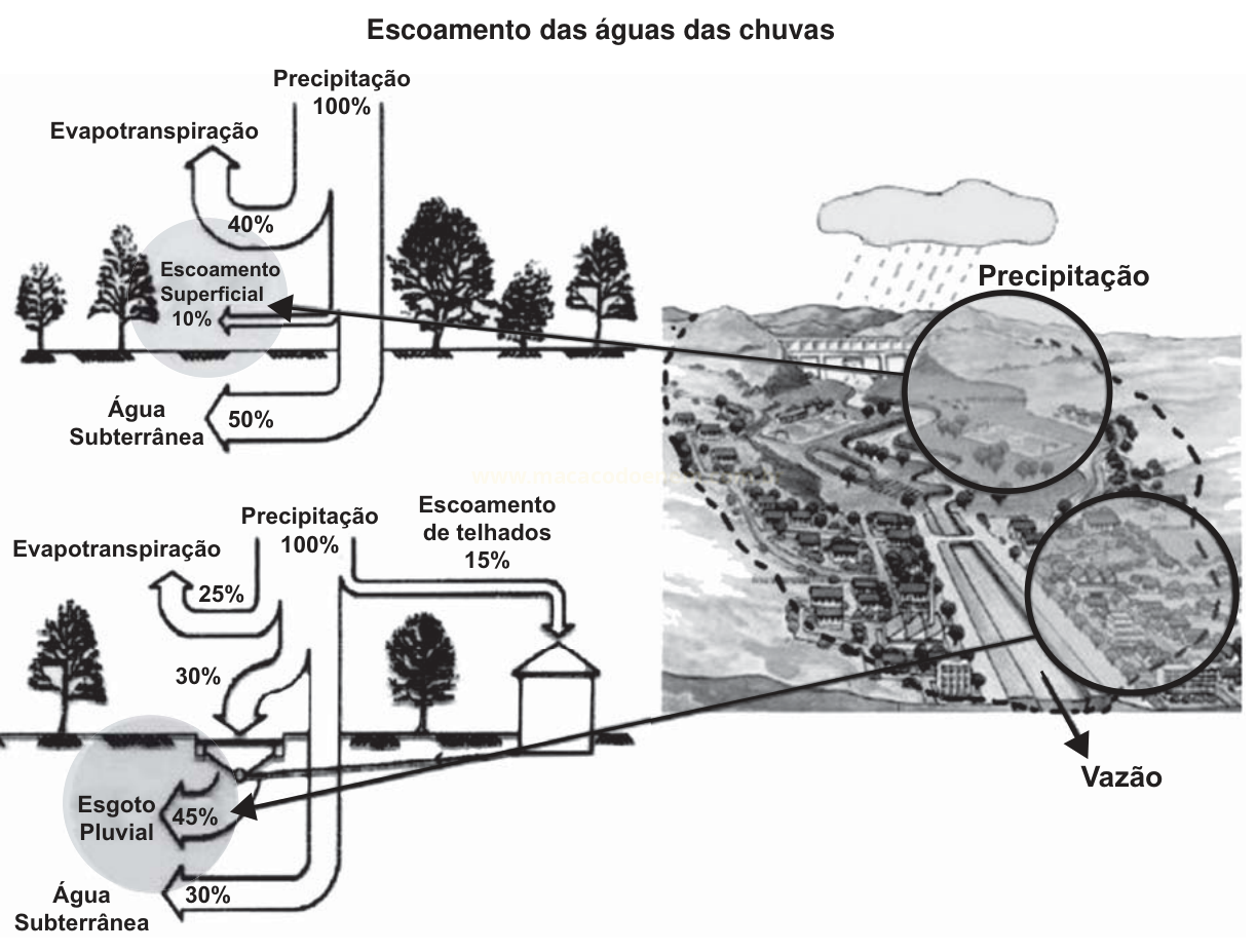 Infográfico que compara, com porcentagens, o escoamento da água da chuva em área natural e em área urbana.