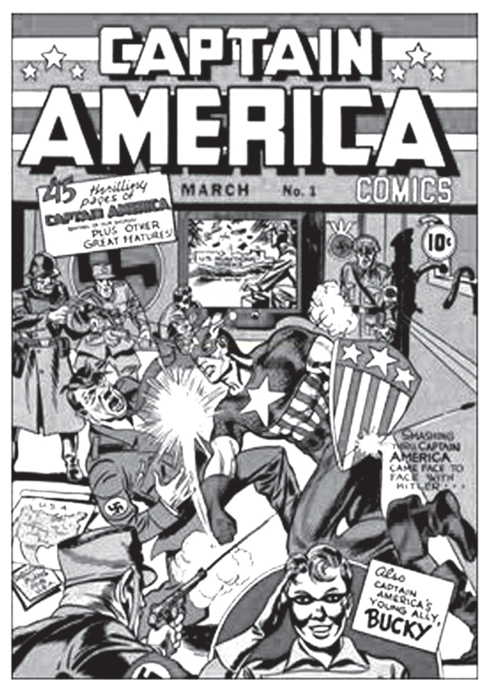 Capa em preto e branco da revista Captain America Comics nº 1, com o herói socando um soldado uniformizado.