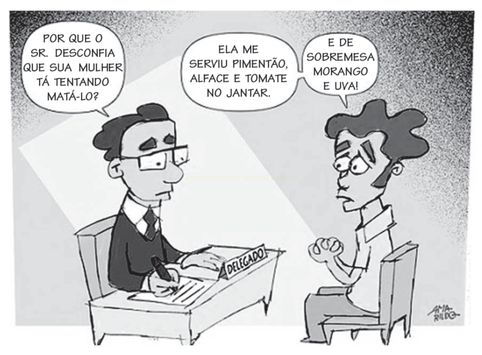 Charge em preto e branco de um delegado interrogando um homem que suspeita da esposa por causa da comida servida no jantar.
