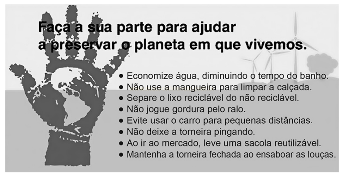 Cartaz com silhueta de mão segurando o globo terrestre e lista de dicas ambientais.