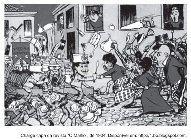 Charge de 1904 com cena de rua violenta e placa 'VACCINA OBRIGATORIA'.