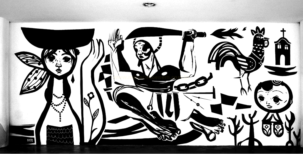 Mural em preto e branco, em estilo de xilogravura, com figuras humanas estilizadas, um galo e uma igreja.