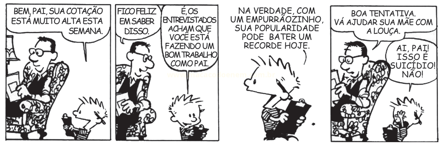 Tira de quadrinhos em preto e branco em que um menino faz uma pesquisa com o pai e recebe a tarefa de ajudar na louça.