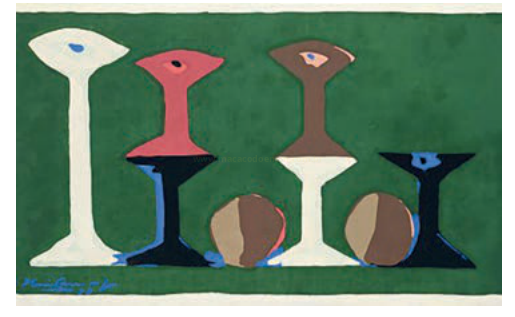 Pintura abstrata com formas que lembram garrafas e vasos coloridos sobre fundo verde.