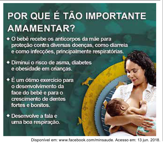 Infográfico sobre a importância da amamentação, com quatro tópicos e foto de uma mulher amamentando.