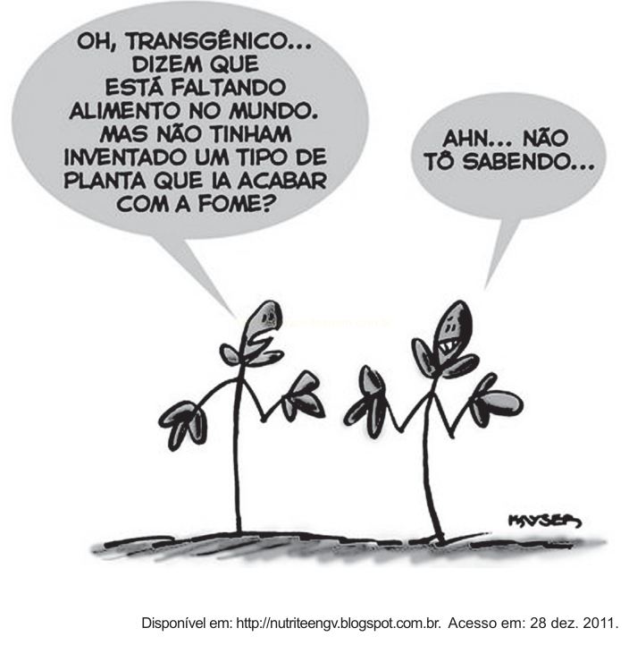 Charge com duas plantas conversando sobre transgênicos e a fome no mundo.