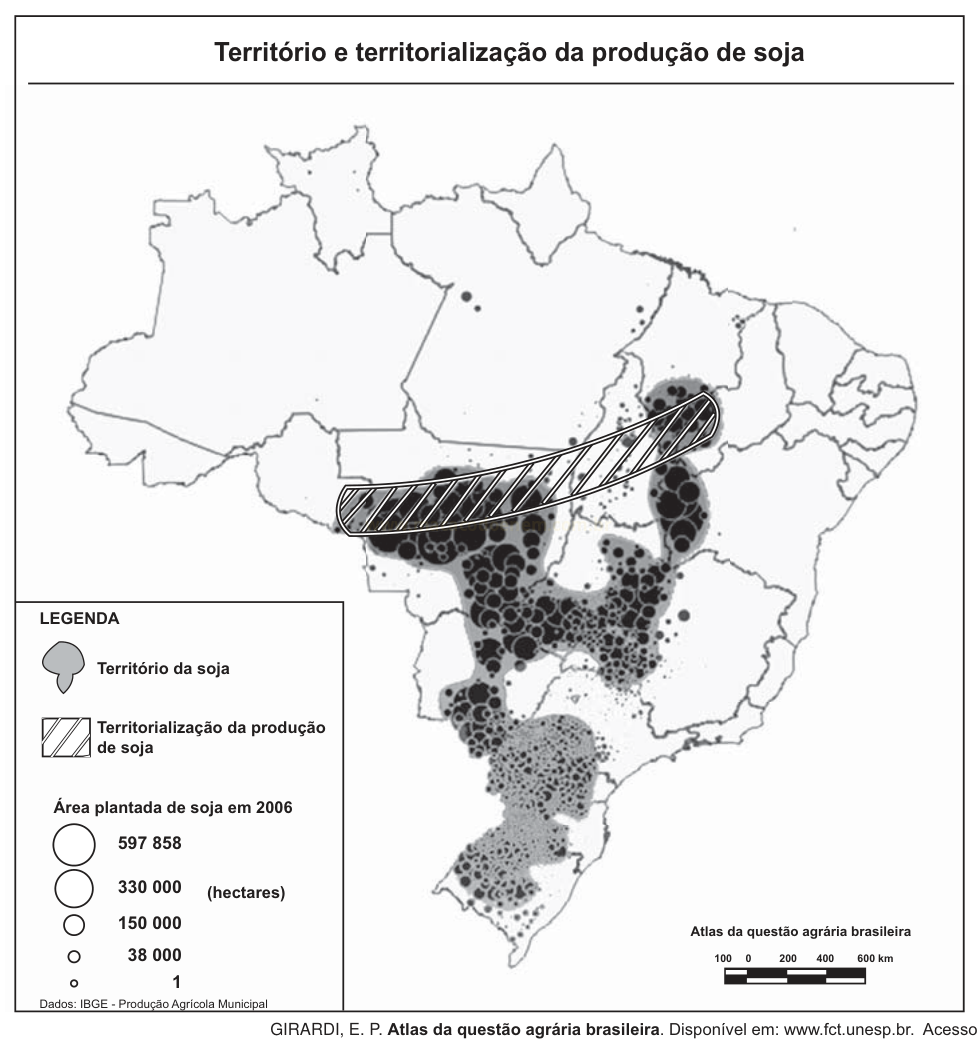 Mapa do Brasil com círculos proporcionais à área plantada de soja em 2006 e uma faixa hachurada sobre a região produtora.