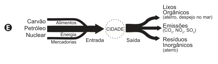 Diagrama E: entradas de carvão, petróleo e nuclear em uma cidade, com saídas de lixos, emissões e resíduos inorgânicos.