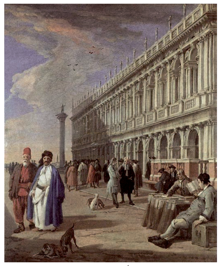 Pintura de uma praça movimentada diante de um grande edifício com arcadas, coluna e diversas figuras humanas.