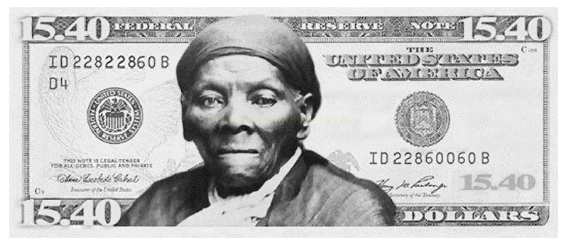 Imagem em preto e branco de uma cédula de 15.40 dólares com o retrato de uma mulher negra de lenço na cabeça.