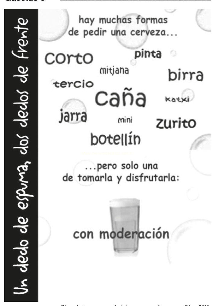 Cartaz em espanhol com várias formas de pedir cerveja e a recomendação 'con moderación'.