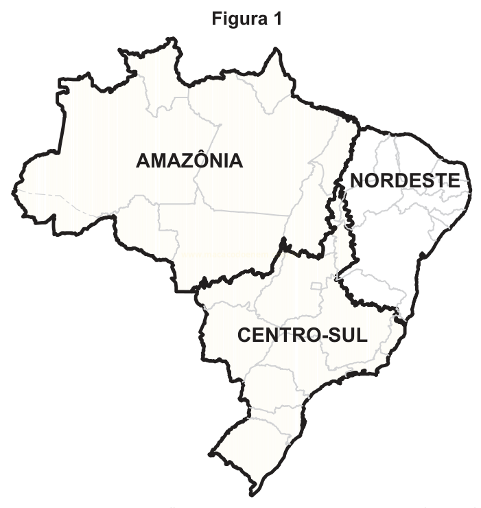 Mapa do Brasil dividido em três regiões: Amazônia, Nordeste e Centro-Sul.