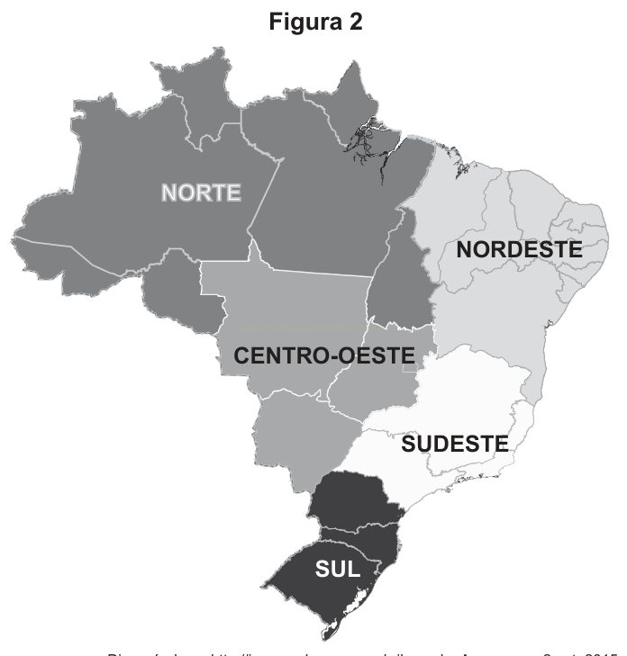 Mapa do Brasil com as cinco regiões em tons diferentes de cinza, identificadas por rótulos.