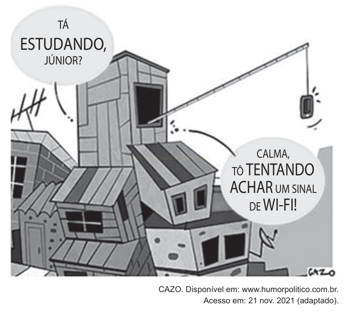 Charge de construções precárias com um celular pendurado em um braço improvisado e diálogos sobre estudar e procurar sinal de wi-fi.