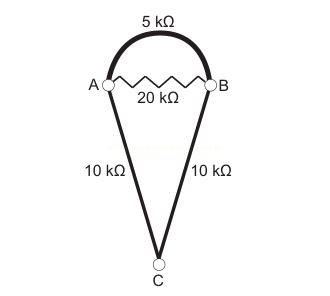 Diagrama de circuito com nós A, B e C e resistores de 5 kΩ, 20 kΩ e dois de 10 kΩ.