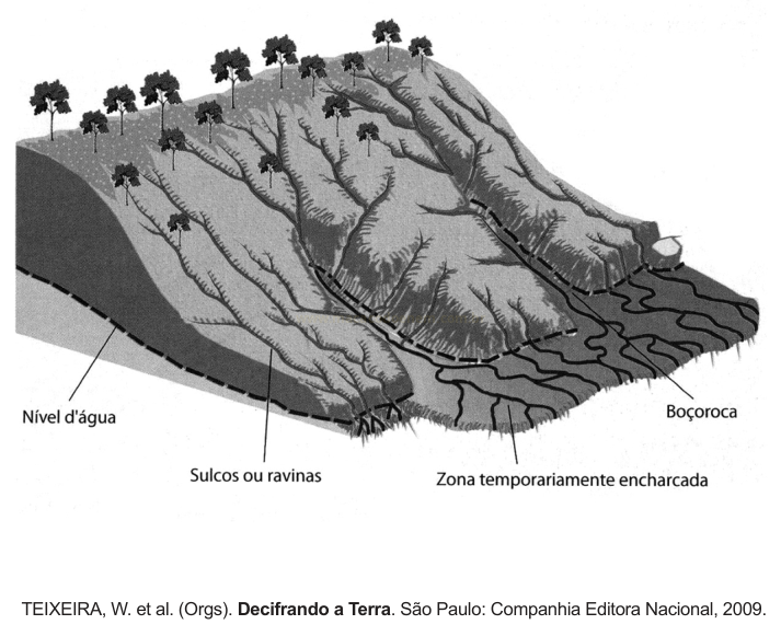 Ilustração de um corte de terreno em declive com árvores no topo, sulcos ou ravinas na encosta e zona alagada na base, com rótulos indicando nível d'água e boçoroca.