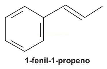Fórmula estrutural do 1-fenil-1-propeno: um anel benzênico ligado a uma cadeia propenila.
