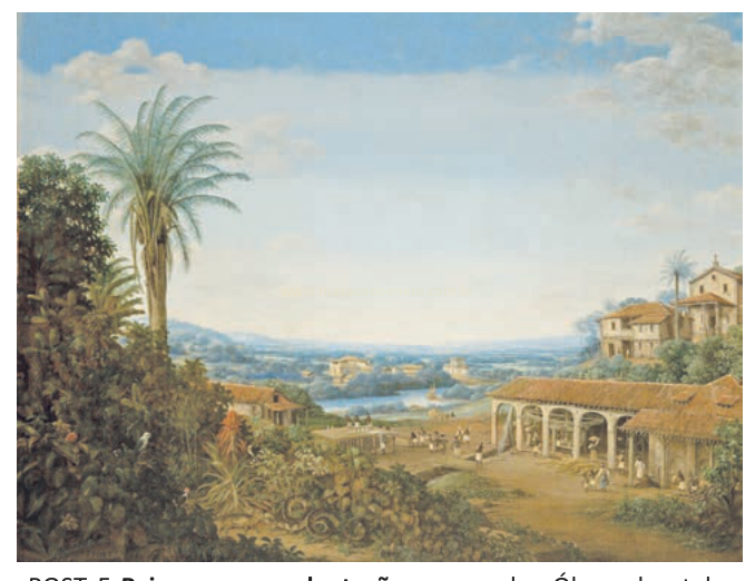 Pintura de paisagem com palmeira, casa de varanda em arcos, rio e colinas ao fundo.