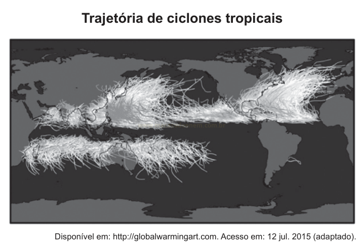 Mapa-múndi cinza com faixas de linhas brancas mostrando as trajetórias de ciclones tropicais.