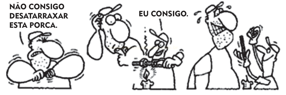 Tira cômica com dois personagens de boné: um não consegue desatarraxar uma porca e o outro diz que consegue.