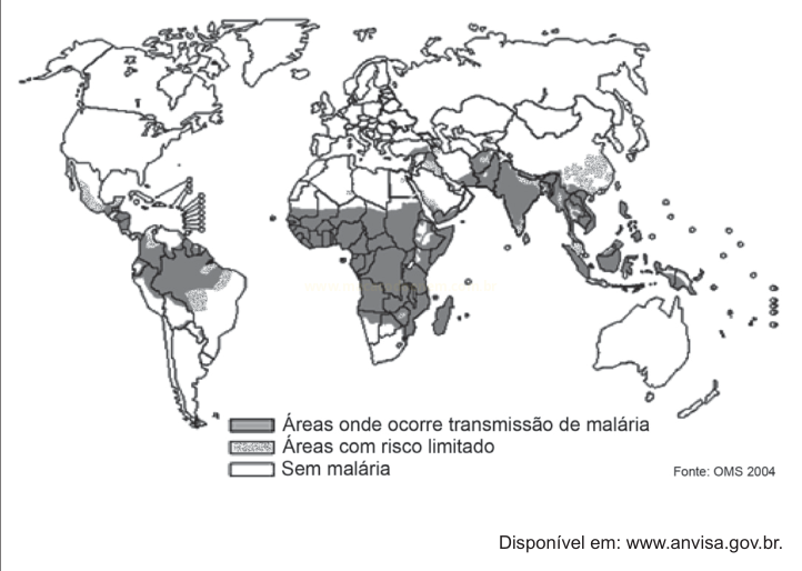 Mapa-múndi com áreas de transmissão de malária, risco limitado e sem malária.