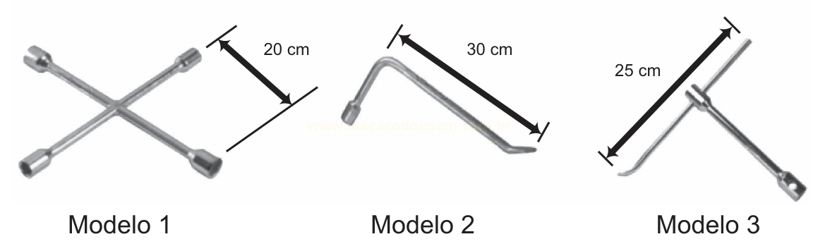 Três modelos de chaves de roda: cruz de 20 cm, chave em L de 30 cm e chave em T de 25 cm.