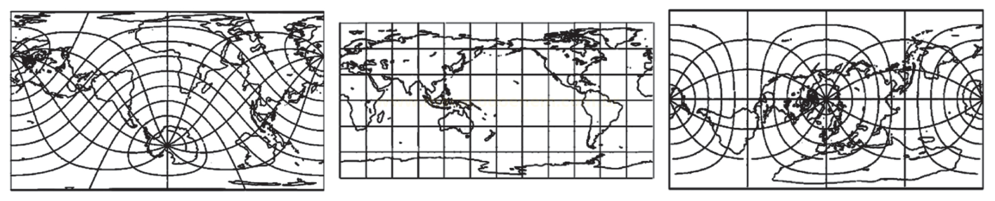 Três mapas-múndi em preto e branco com diferentes projeções cartográficas.