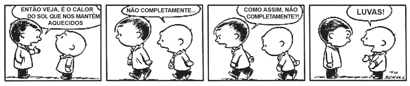 Tira de quadrinhos de quatro quadros em que dois meninos conversam sobre o calor do sol e a resposta final é "LUVAS!".