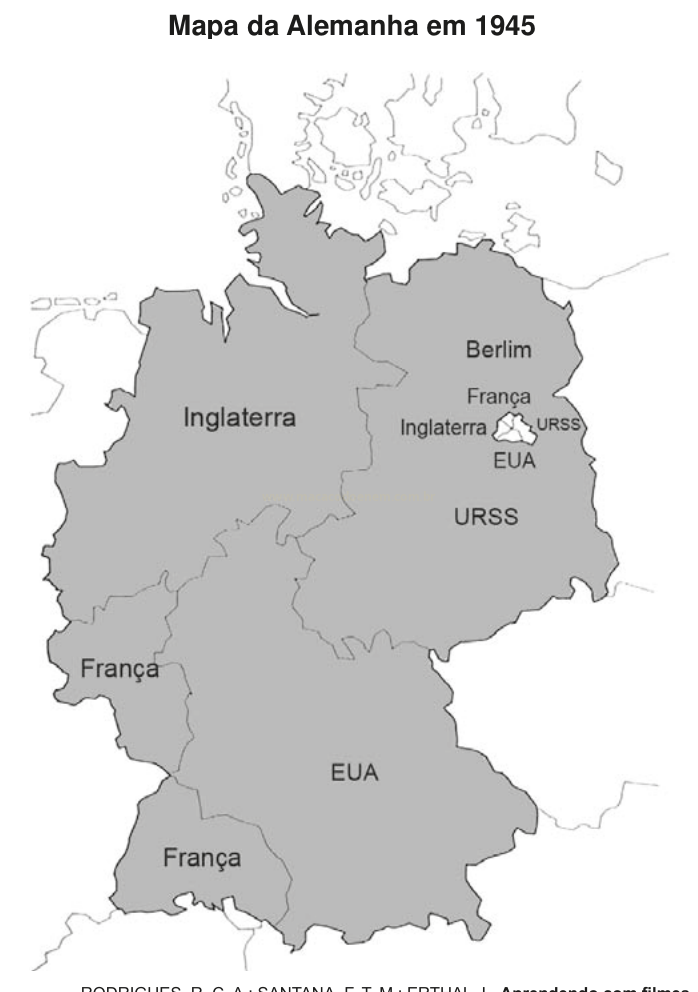 Mapa esquemático da Alemanha em 1945 dividida em quatro setores rotulados Inglaterra, França, EUA e URSS, com destaque para Berlim.
