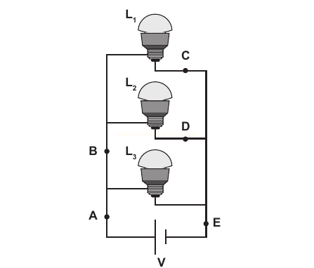 Diagrama de circuito com três lâmpadas em paralelo, pontos A a E e uma bateria V.