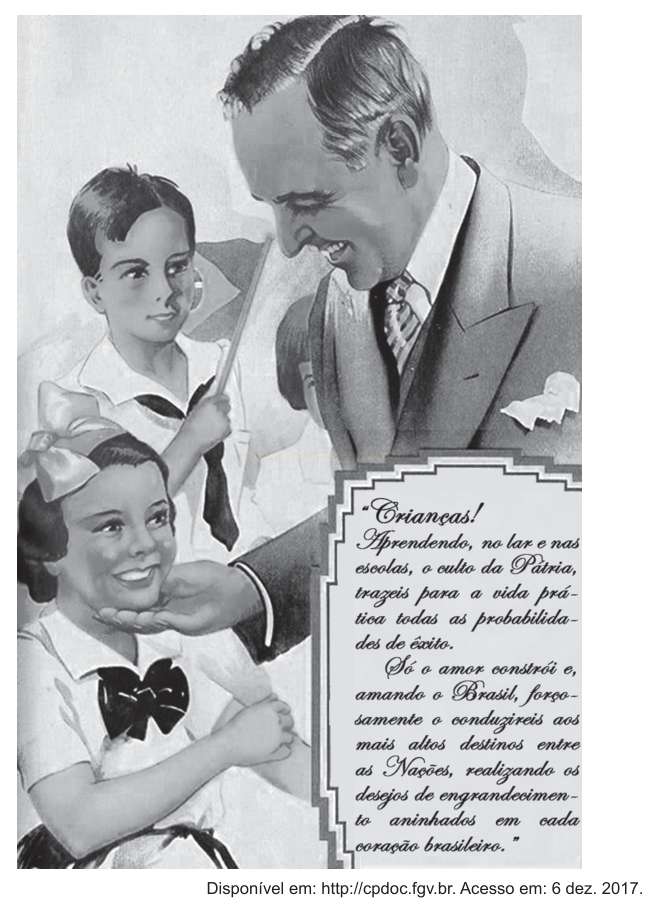 Ilustração antiga de um homem de terno acariciando o queixo de uma menina, ao lado de outra criança com bandeirinha.