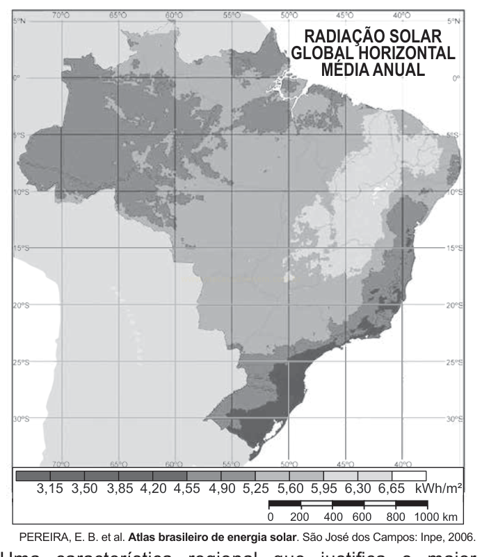Mapa do Brasil com tons de cinza mostrando a radiação solar global horizontal média anual, com escala de 3,15 a 6,65 kWh/m².