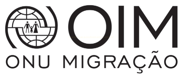 Logotipo da OIM – ONU Migração, com símbolo circular contendo silhuetas de pessoas.