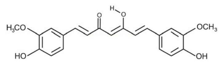 Fórmula estrutural de uma molécula com dois anéis aromáticos substituídos por metoxila e hidroxila, ligados por uma cadeia carbonílica.