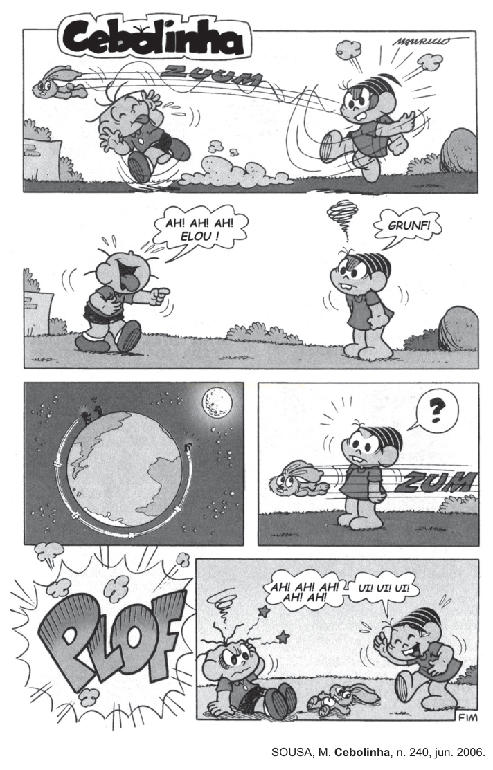 Tira de quadrinhos do Cebolinha em seis quadros, com corrida, coelho veloz, risadas, ida ao espaço e queda ao final.