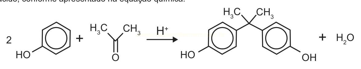 Equação química da reação entre fenol e acetona, catalisada por H⁺, formando um composto com dois anéis benzênicos e água.