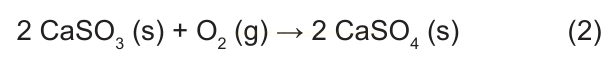Equação química número 2: sulfito de cálcio sólido reagindo com oxigênio gasoso e formando sulfato de cálcio.