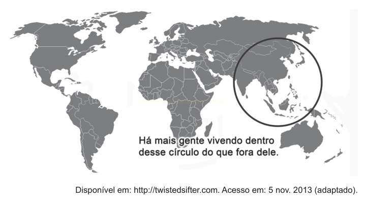 Mapa-múndi em cinza com um círculo desenhado sobre o sul e o sudeste da Ásia, acompanhado de frase sobre população dentro e fora do círculo.