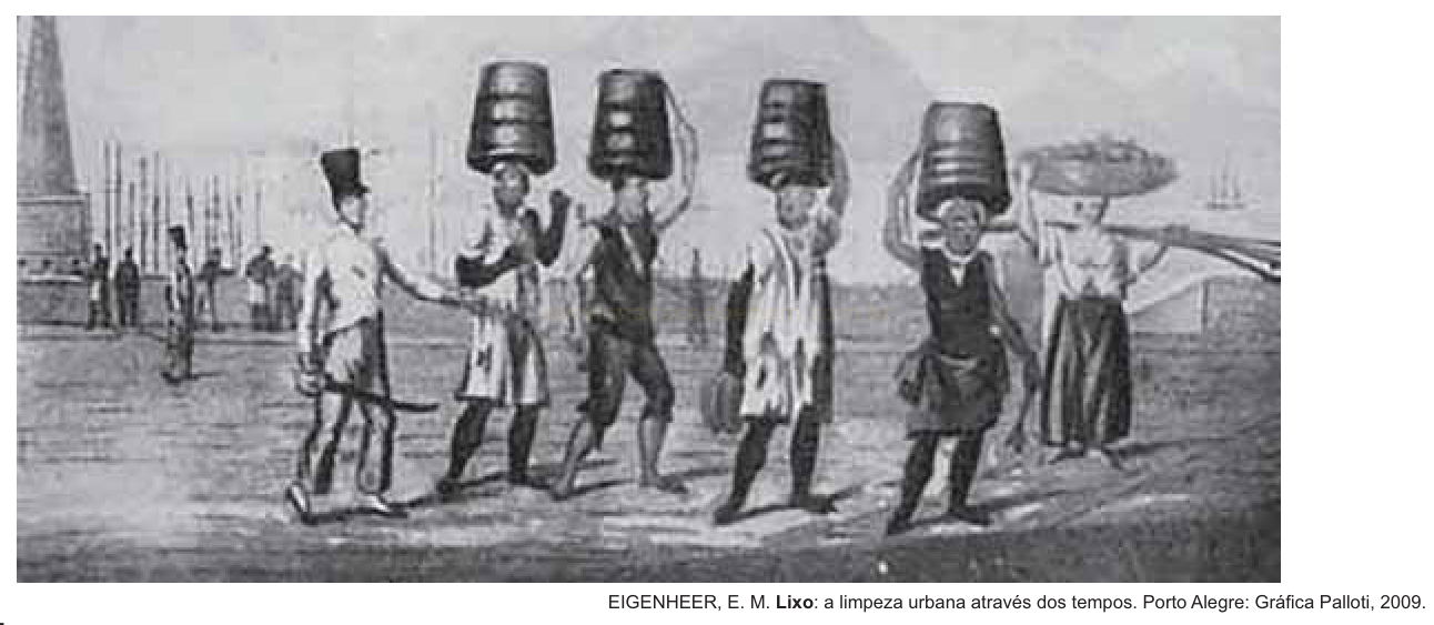 Ilustração antiga em preto e branco de pessoas carregando barris na cabeça em um descampado junto ao cais.