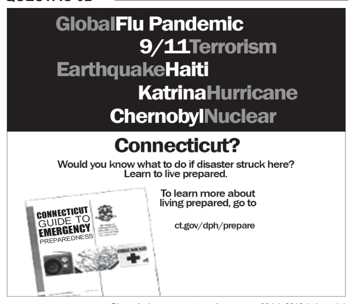 Cartaz sobre preparação para desastres em Connecticut, com lista de desastres famosos e divulgação de guia de emergência.