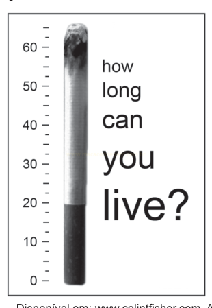 Peça antitabagismo com um cigarro ao lado de uma escala de 0 a 60 e a pergunta 'how long can you live?'.