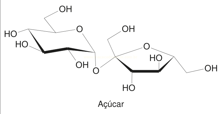 Estrutura química de um açúcar formado por dois anéis unidos por um oxigênio, com grupos OH.