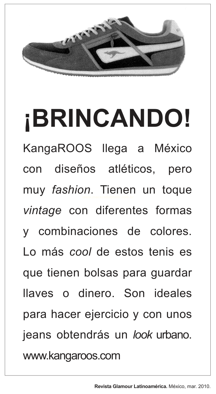 Anúncio em preto e branco de tênis KangaROOS, com a foto de um tênis e texto publicitário em espanhol.