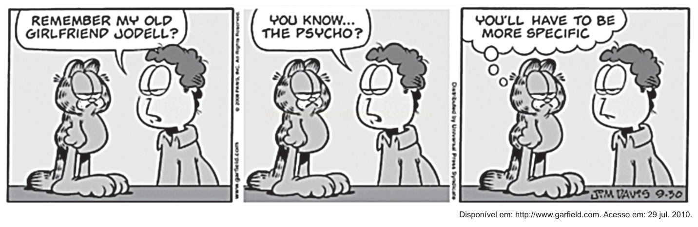 Tirinha de Garfield em que Jon fala de uma ex-namorada e Garfield pede mais especificidade.
