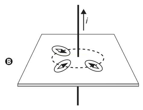 Diagrama de um fio vertical com corrente i atravessando um plano, com três ovais setados sobre uma linha tracejada circular (opção B).