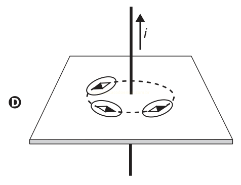 Diagrama de um fio vertical com corrente i atravessando um plano, com três ovais setados sobre uma linha tracejada circular (opção D).