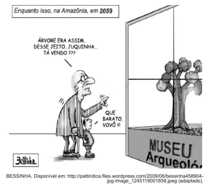Charge de 2059 em que um avô e um menino observam, num museu, uma árvore exposta como peça arqueológica.