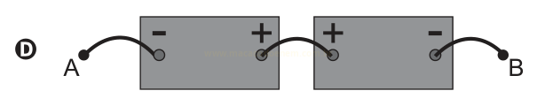Esquema de duas pilhas com polos invertidos entre si, ligadas entre os pontos A e B (opção D).