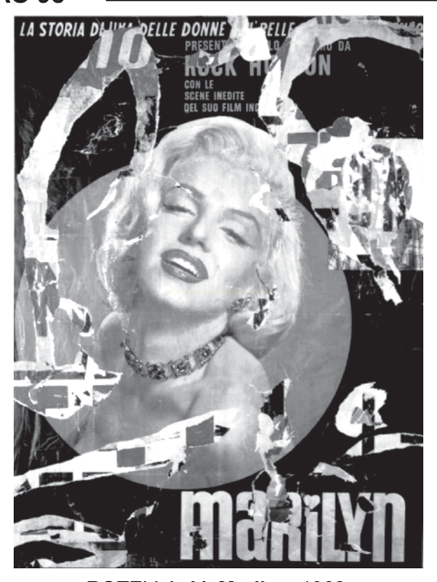 Cartaz antigo rasgado, em preto e branco, com retrato circular de Marilyn Monroe e a palavra MARILYN em destaque.
