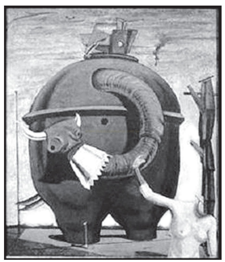 Ilustração surrealista em preto e branco de criatura com cabeça de touro e tromba de elefante e estrutura sobre o dorso.